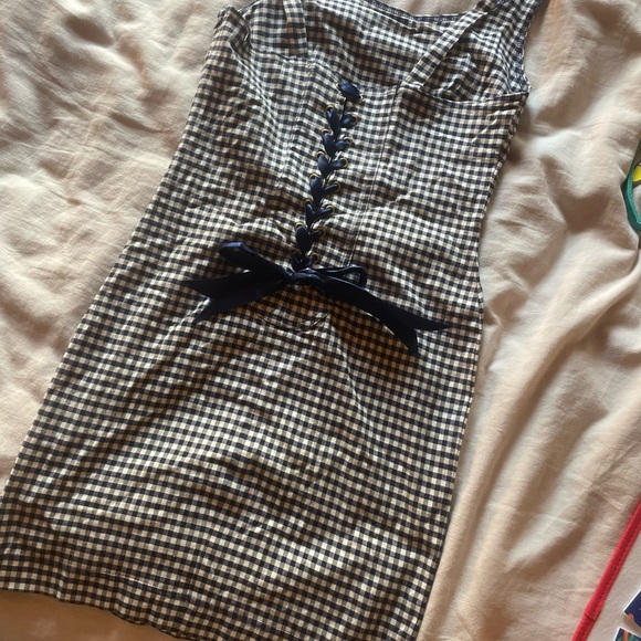 Checkered Dress with Lace-Up Detail - Picture 1 of 5